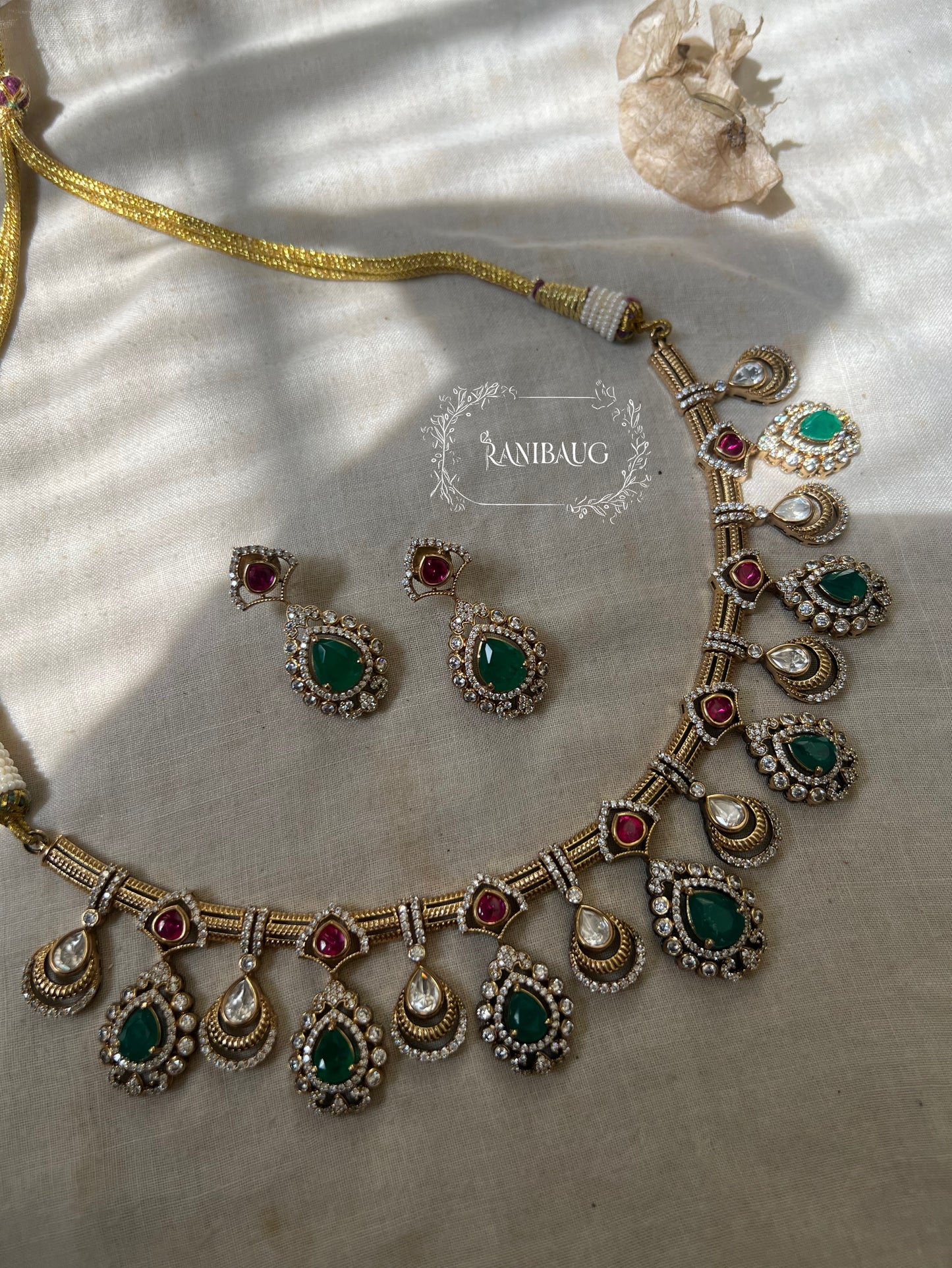 Kripa Teardrop Design Alternating Emerald In Rich Victorian Finish Necklace Jewellery Set By Ranibaug