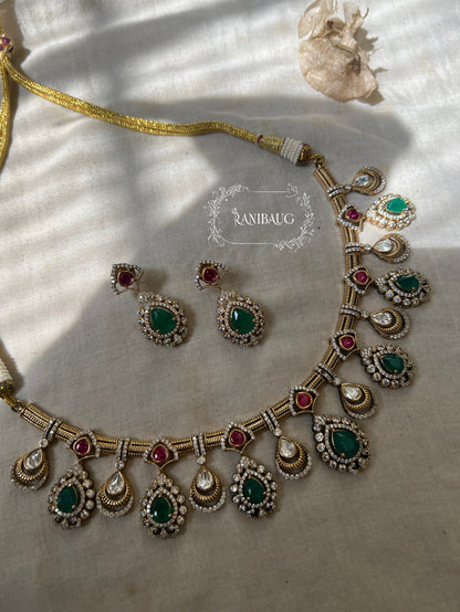 Kripa Teardrop Design Alternating Emerald In Rich Victorian Finish Necklace Jewellery Set By Ranibaug
