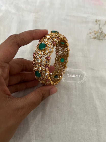 Krisha Emerald Pink Kundan Gold Finish Designer Festive Bangle By Ranibaug