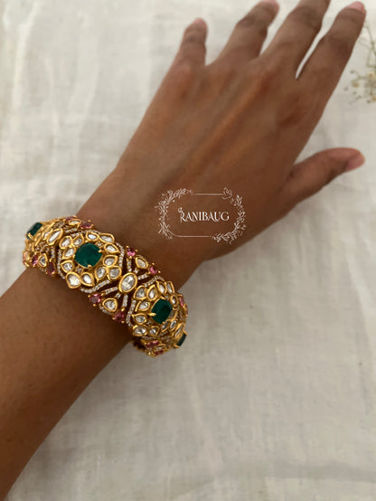 Krisha Emerald Pink Kundan Gold Finish Designer Festive Bangle By Ranibaug