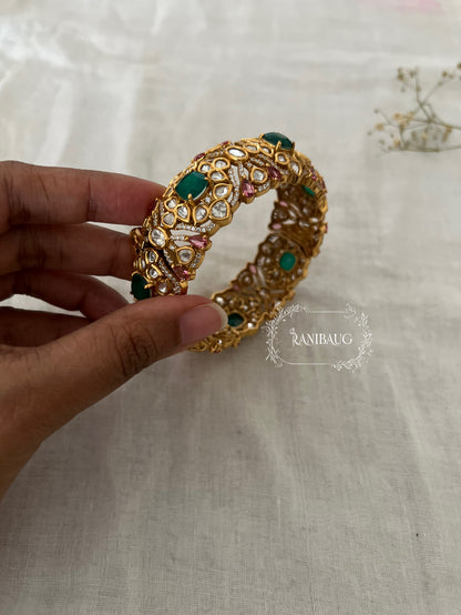 Krisha Emerald Pink Kundan Gold Finish Designer Festive Bangle By Ranibaug
