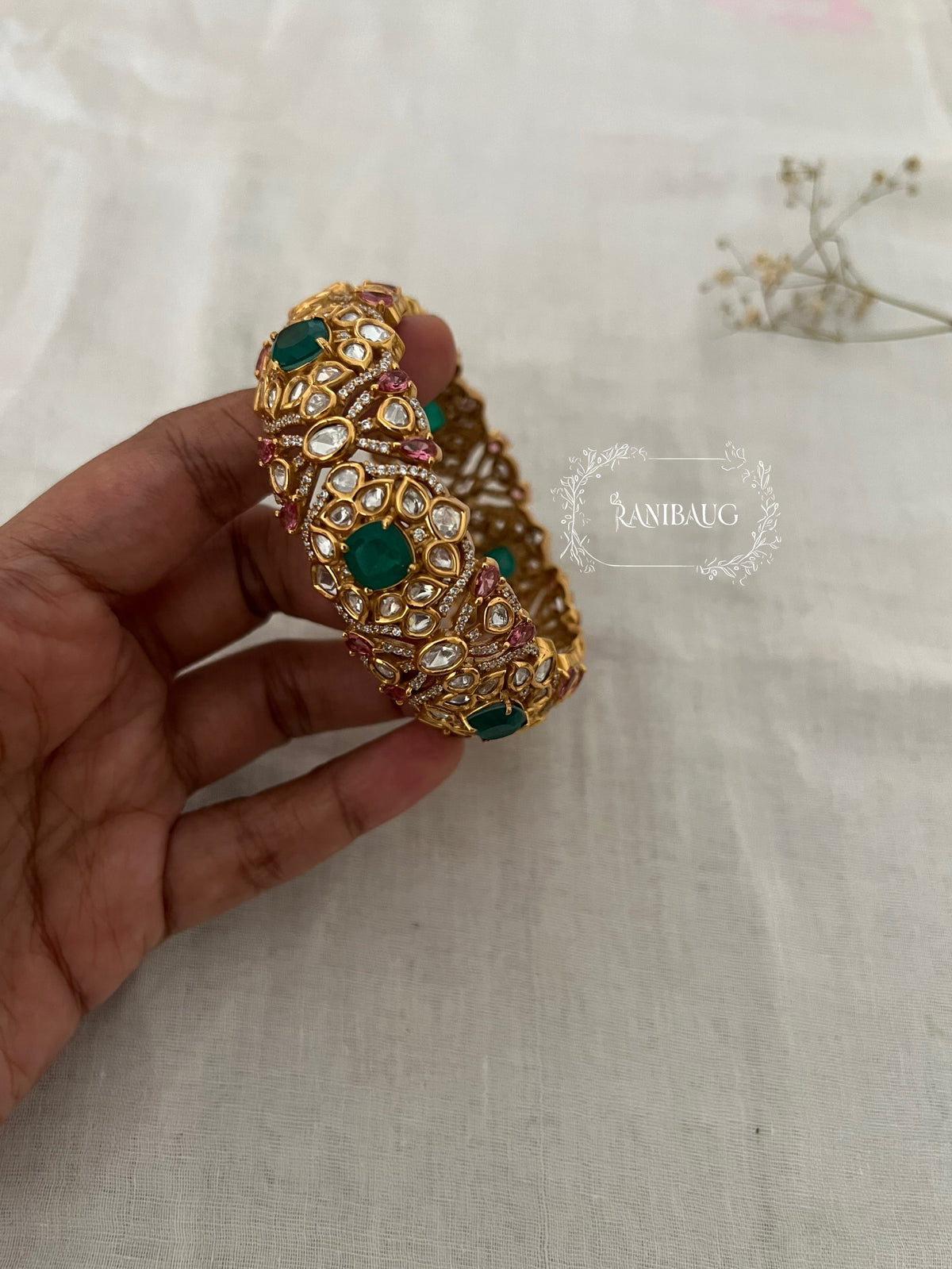 Krisha Emerald Pink Kundan Gold Finish Designer Festive Bangle By Ranibaug