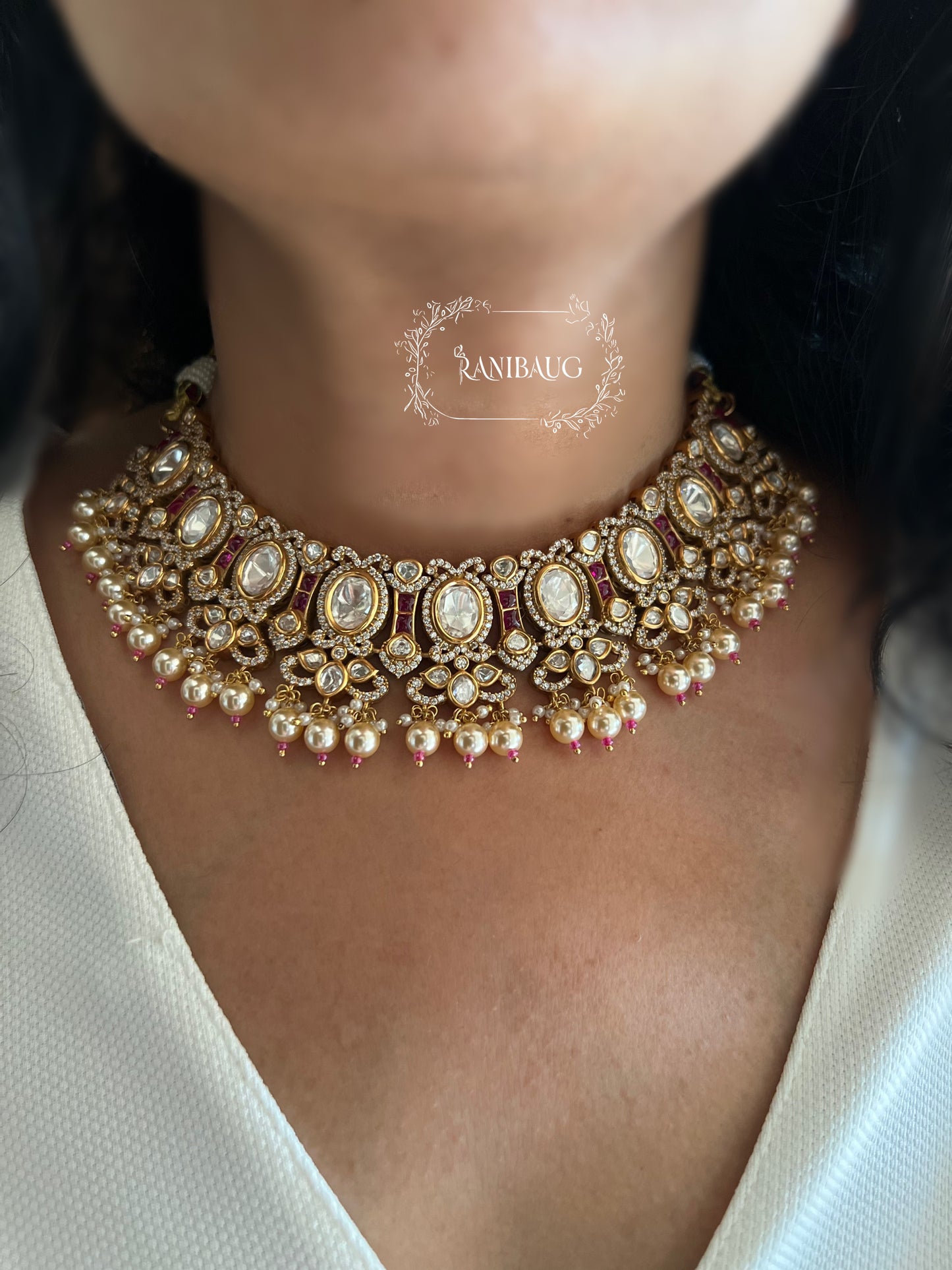 Krisha Royal Vintage Style Victorian Finish Polki And Pearl Adorned Necklace Jewellery Set By Ranibaug