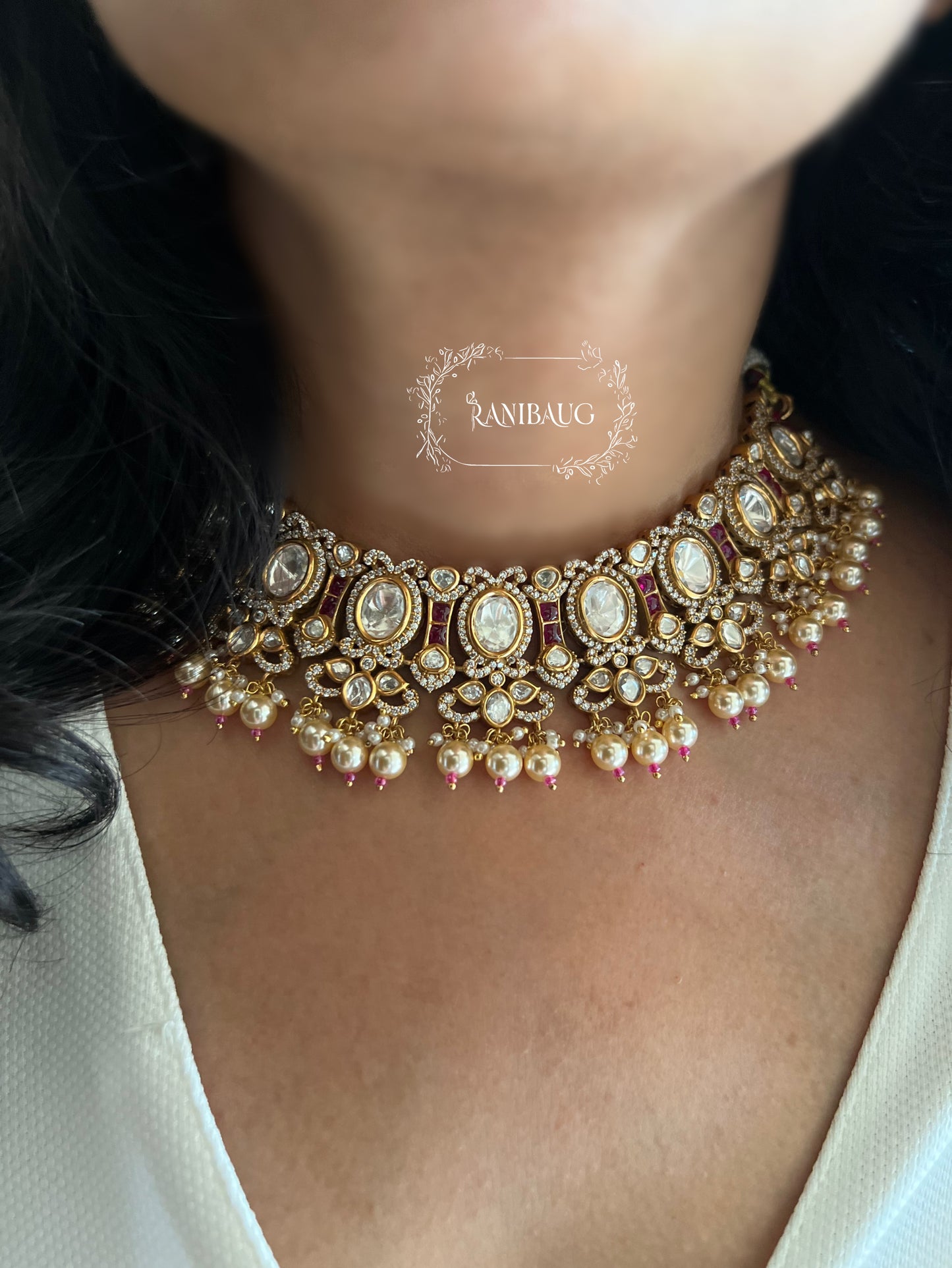Krisha Royal Vintage Style Victorian Finish Polki And Pearl Adorned Necklace Jewellery Set By Ranibaug