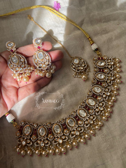 Krisha Royal Vintage Style Victorian Finish Polki And Pearl Adorned Necklace Jewellery Set By Ranibaug