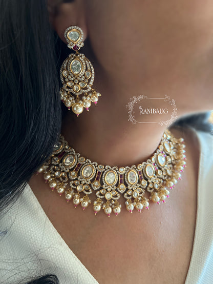 Krisha Royal Vintage Style Victorian Finish Polki And Pearl Adorned Necklace Jewellery Set By Ranibaug
