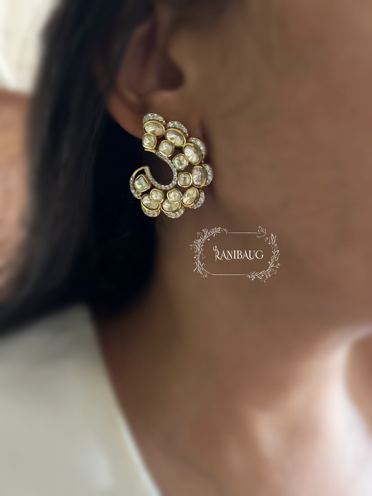 Krishani Kudan Gold Finish Crescent Designer Ear Studs By Ranibaug