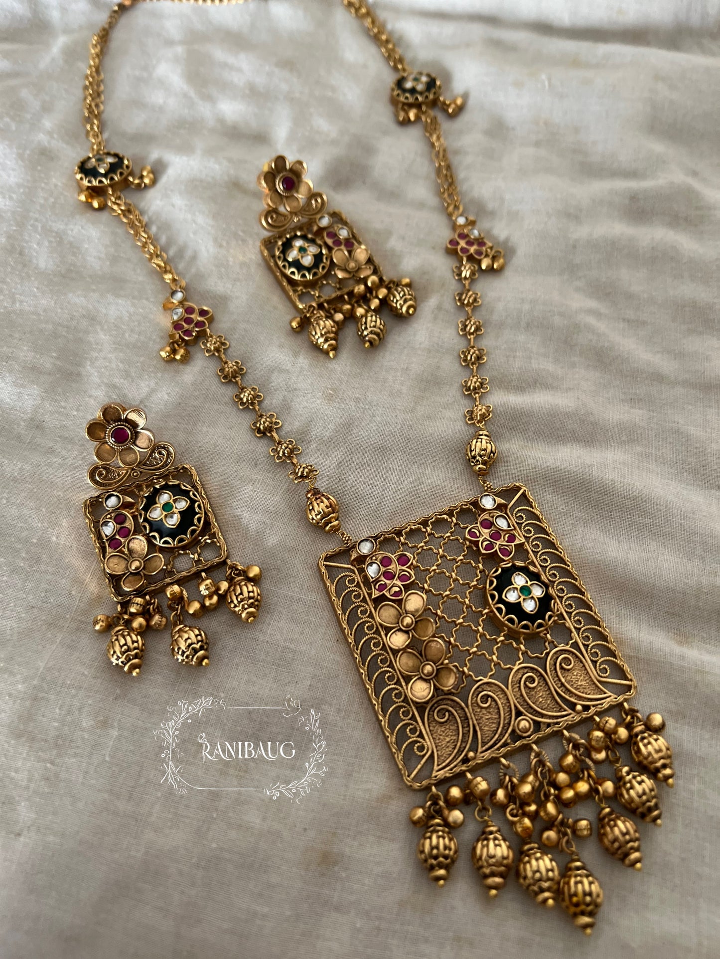 Krishi Designer Antique Gold Floral Motif Jali Pattern Traditional Heritage Jewellery Set By Ranibaug