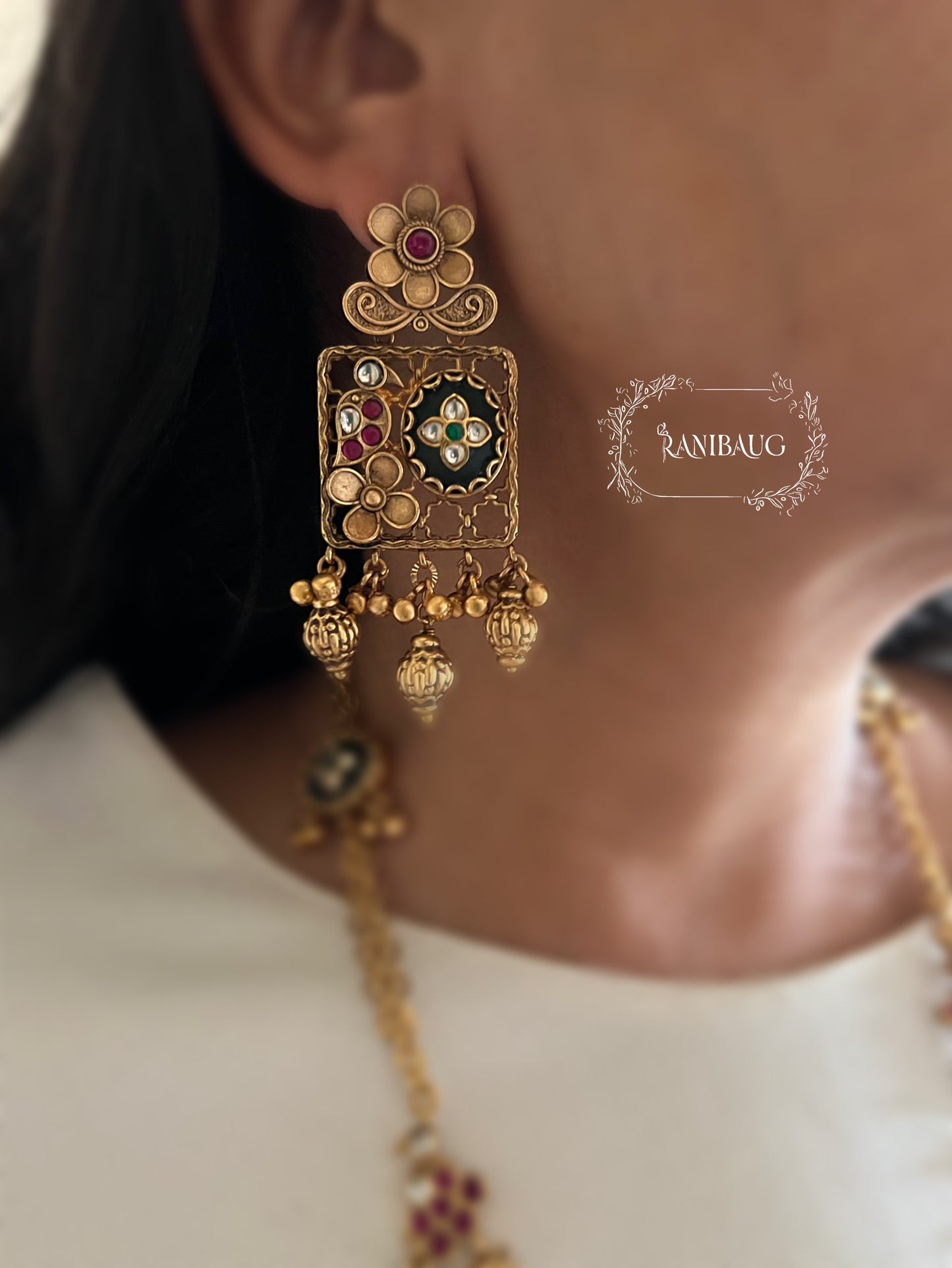 Krishi Designer Antique Gold Floral Motif Jali Pattern Traditional Heritage Jewellery Set By Ranibaug
