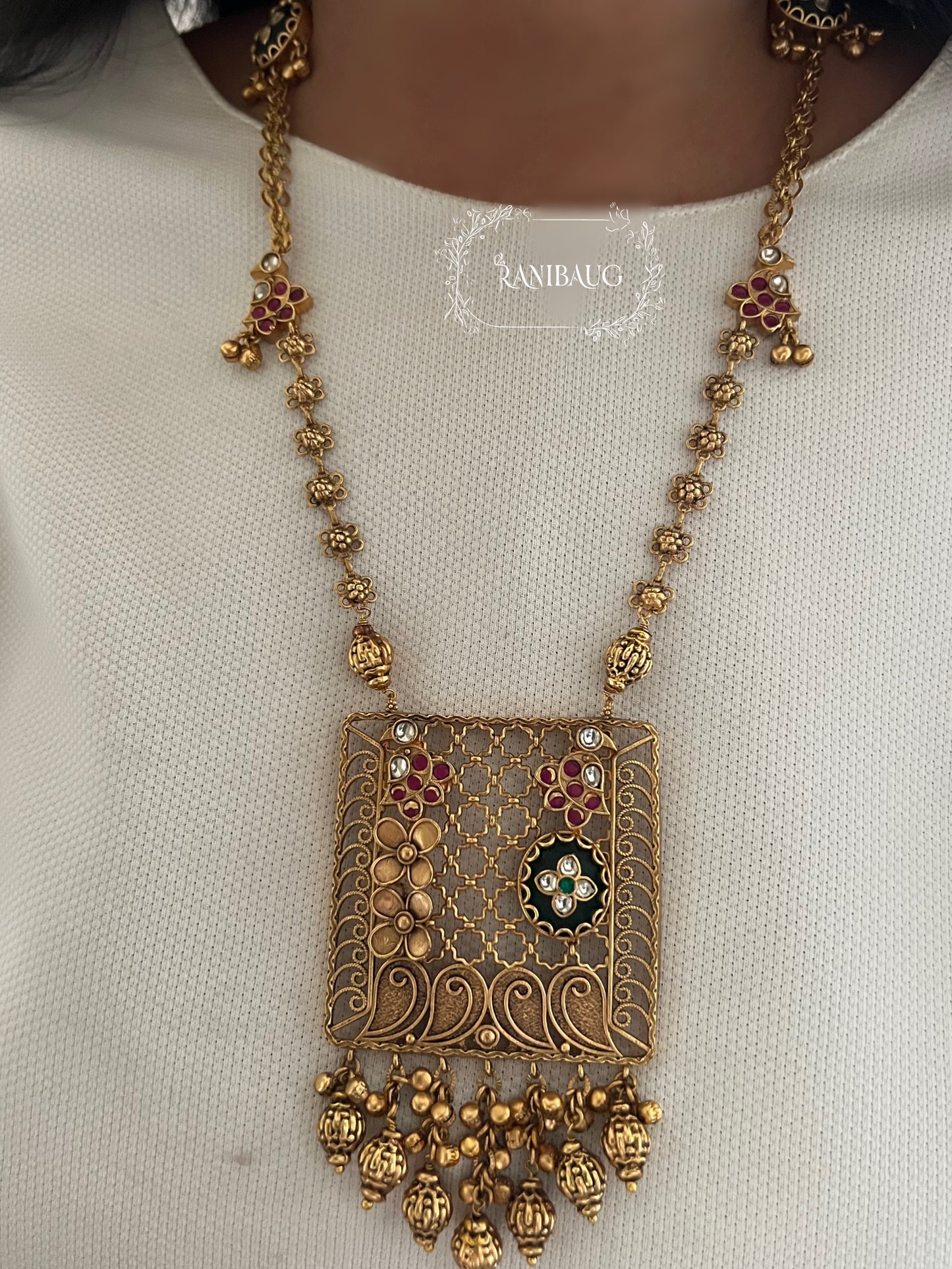 Krishi Designer Antique Gold Floral Motif Jali Pattern Traditional Heritage Jewellery Set By Ranibaug