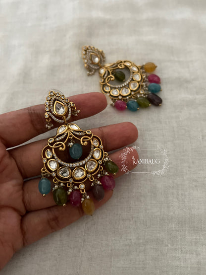 Krishika Kundan Gemstone Polki Gold Finish Multicolor Chandbali Earrings By Ranibaug