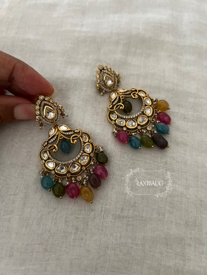 Krishika Kundan Gemstone Polki Gold Finish Multicolor Chandbali Earrings By Ranibaug