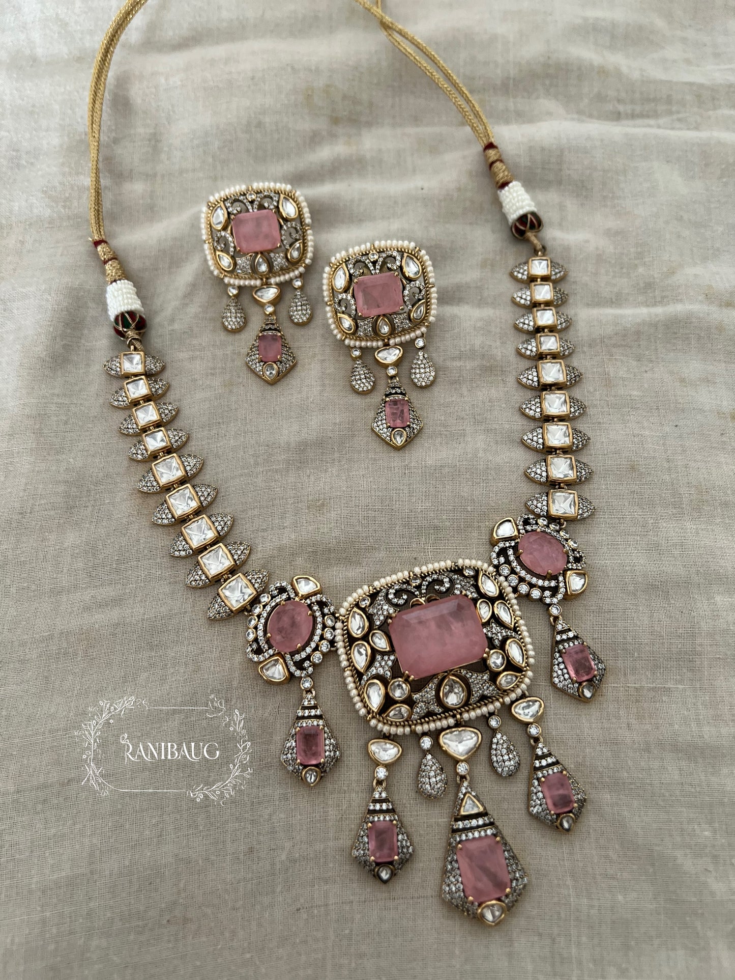 Krishika Vintage Statement Jewellery Set Adorned With Mint And Pink Gemstones Polki Studded In Premium Gold Finish By Ranibaug