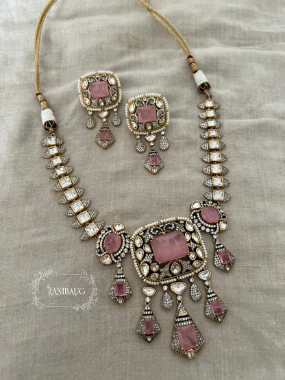 Krishika Vintage Statement Jewellery Set Adorned With Mint And Pink Gemstones Polki Studded In Premium Gold Finish By Ranibaug