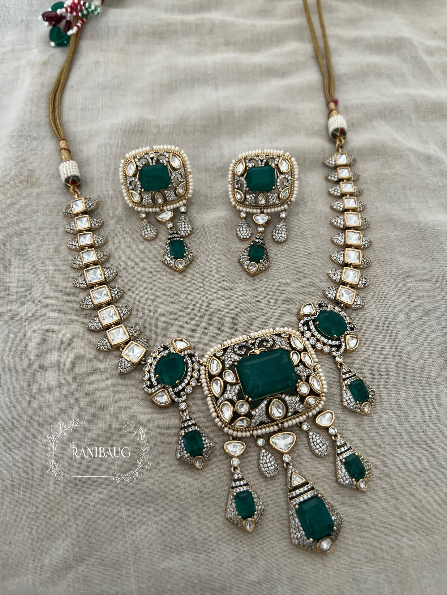 Krishika Vintage Statement Jewellery Set Adorned With Mint And Pink Gemstones Polki Studded In Premium Gold Finish By Ranibaug