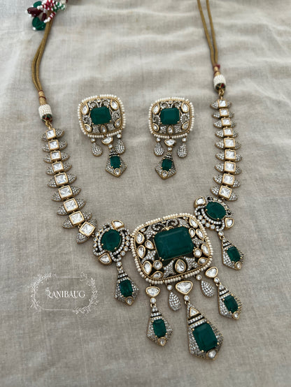 Krishika Vintage Statement Jewellery Set Adorned With Mint And Pink Gemstones Polki Studded In Premium Gold Finish By Ranibaug