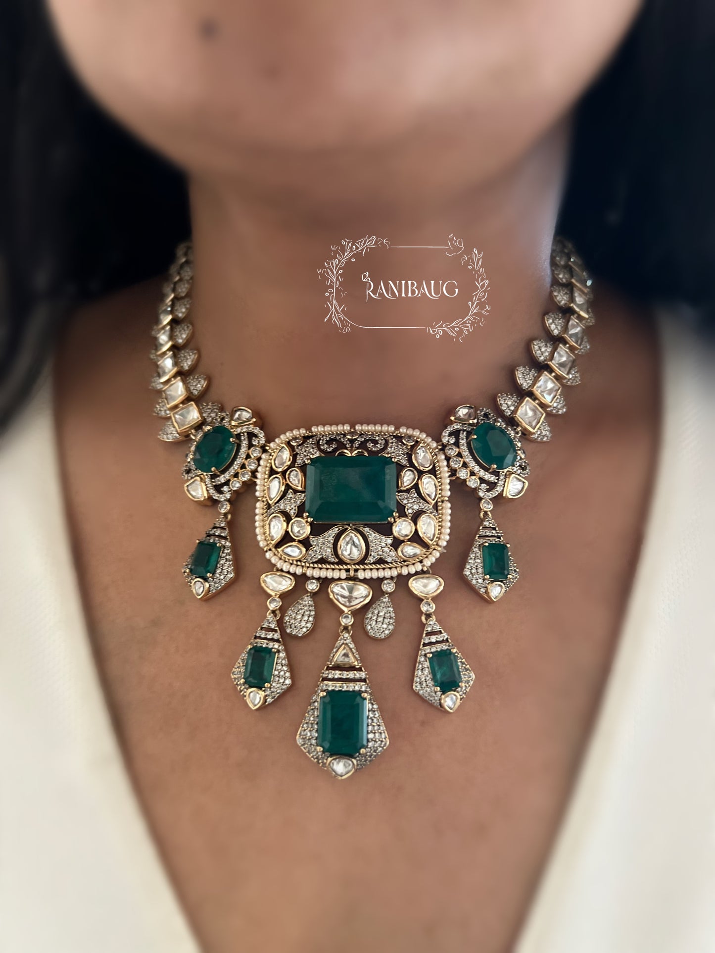 Krishika Vintage Statement Jewellery Set Adorned With Mint And Pink Gemstones Polki Studded In Premium Gold Finish By Ranibaug