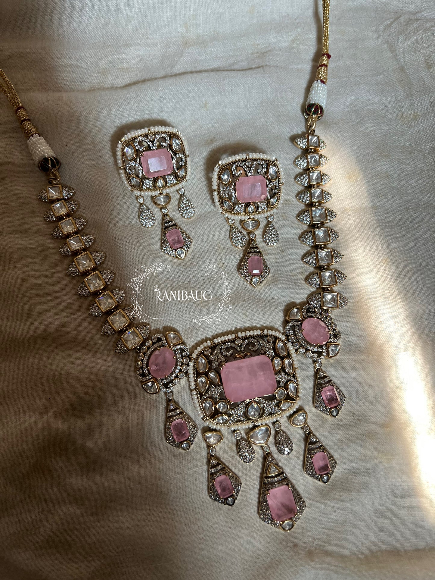 Krishika Vintage Statement Jewellery Set Adorned With Mint And Pink Gemstones Polki Studded In Premium Gold Finish By Ranibaug
