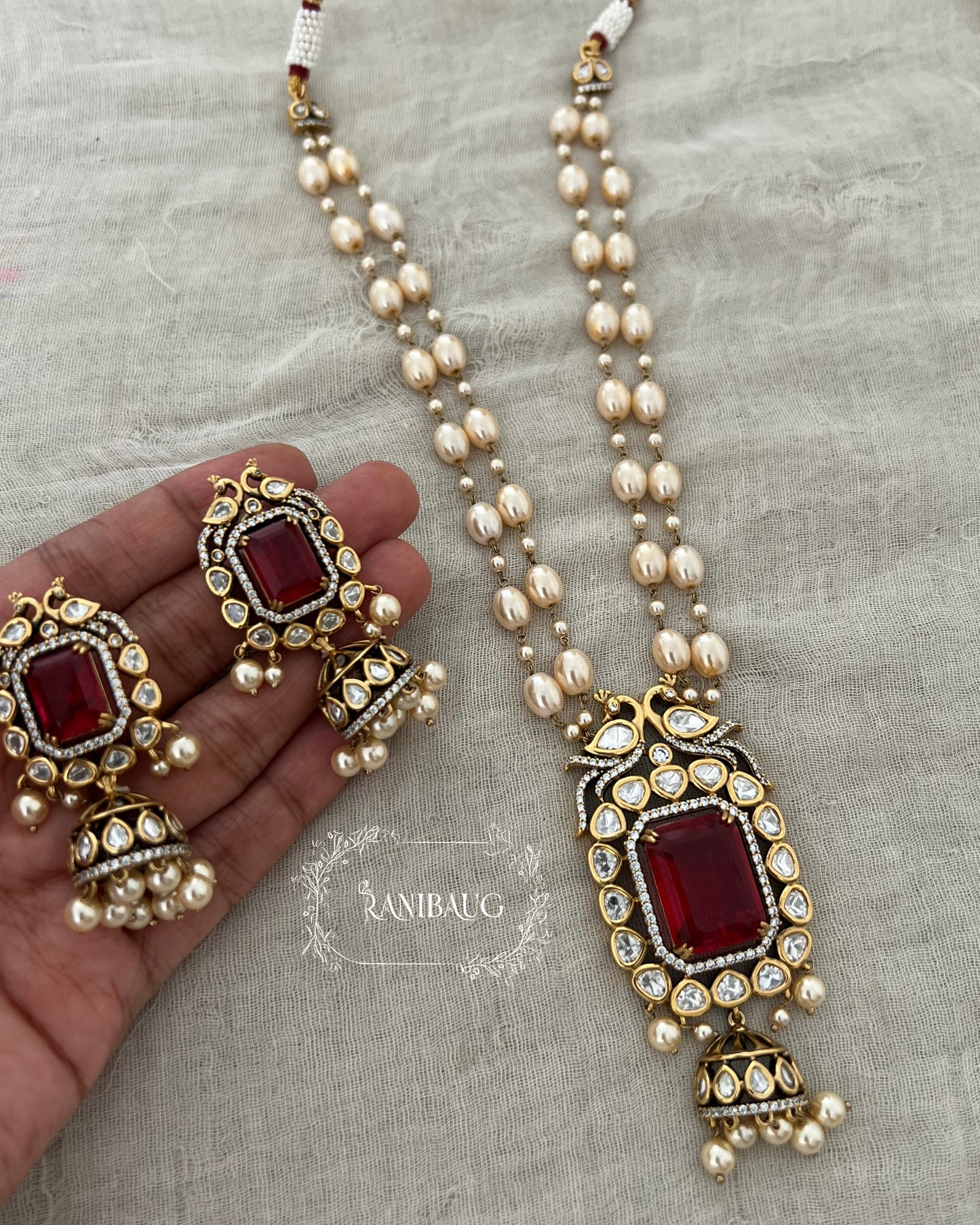 Krishvi Royal Polki Kundan And Pearl Studded Gemstone Heirloom Necklace Set By Ranibaug