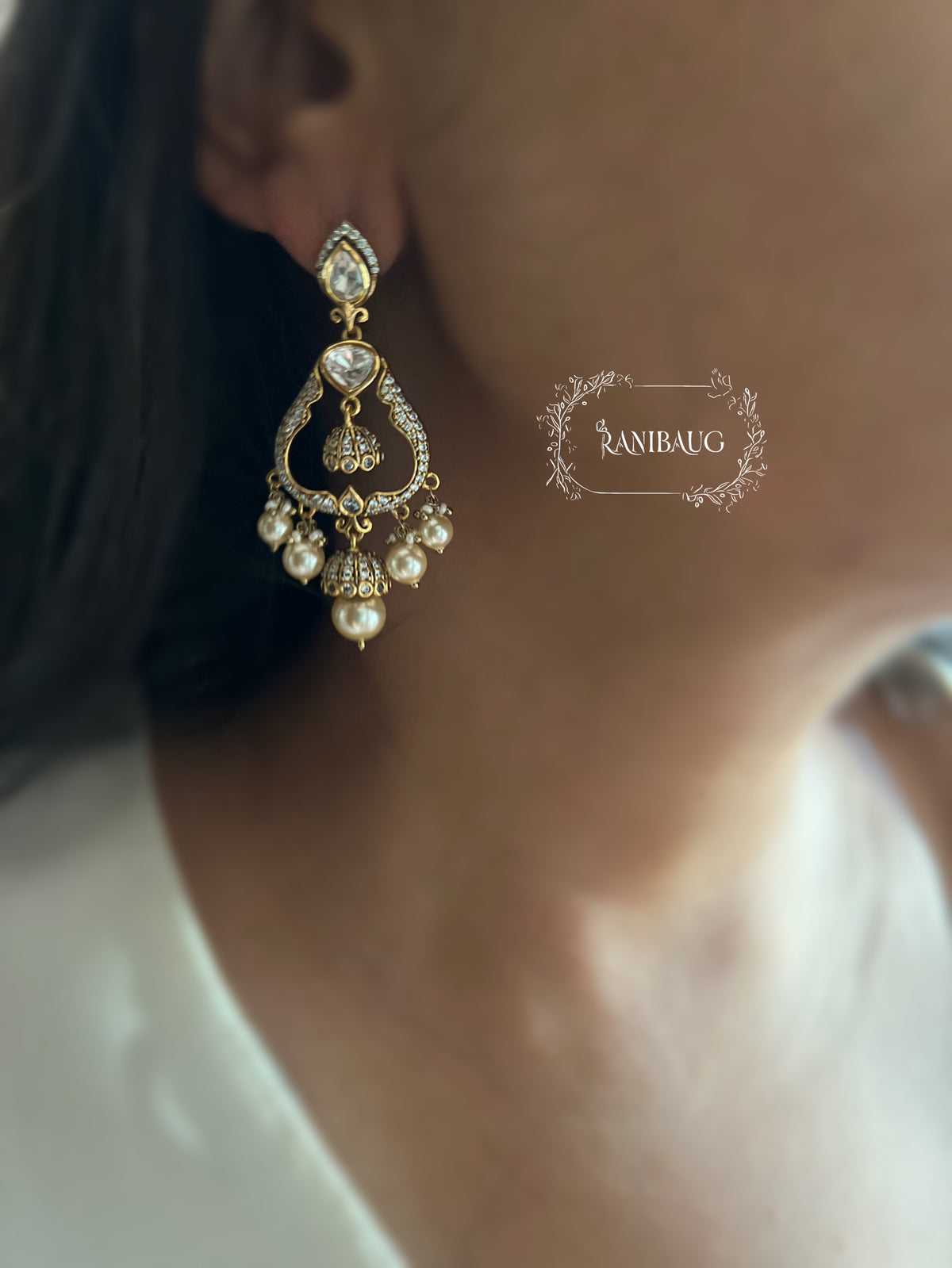 Kritika Kundan Pearl Adorned Gold Finish Chandbali Earrings By Ranibaug