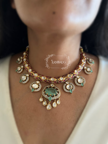 Krutika Mint Stone Motif Meenakari Kundan Designer Necklace Set By Ranibaug