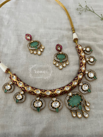 Krutika Mint Stone Motif Meenakari Kundan Designer Necklace Set By Ranibaug