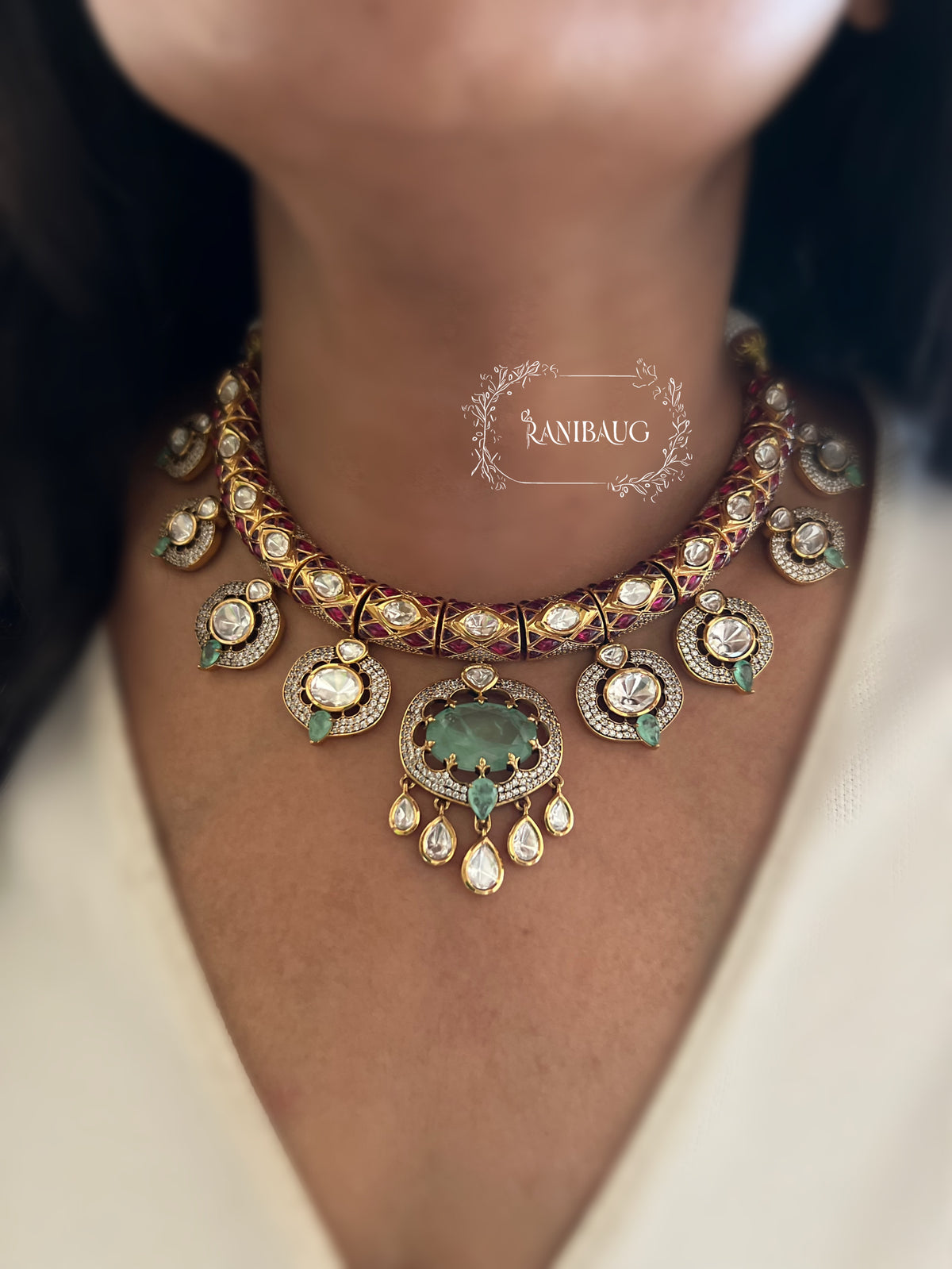 Krutika Mint Stone Motif Meenakari Kundan Designer Necklace Set By Ranibaug