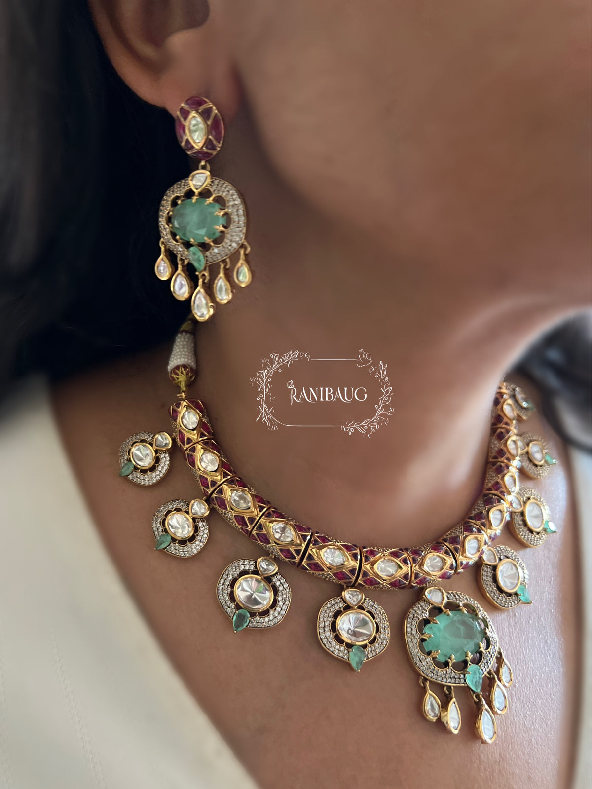 Krutika Mint Stone Motif Meenakari Kundan Designer Necklace Set By Ranibaug