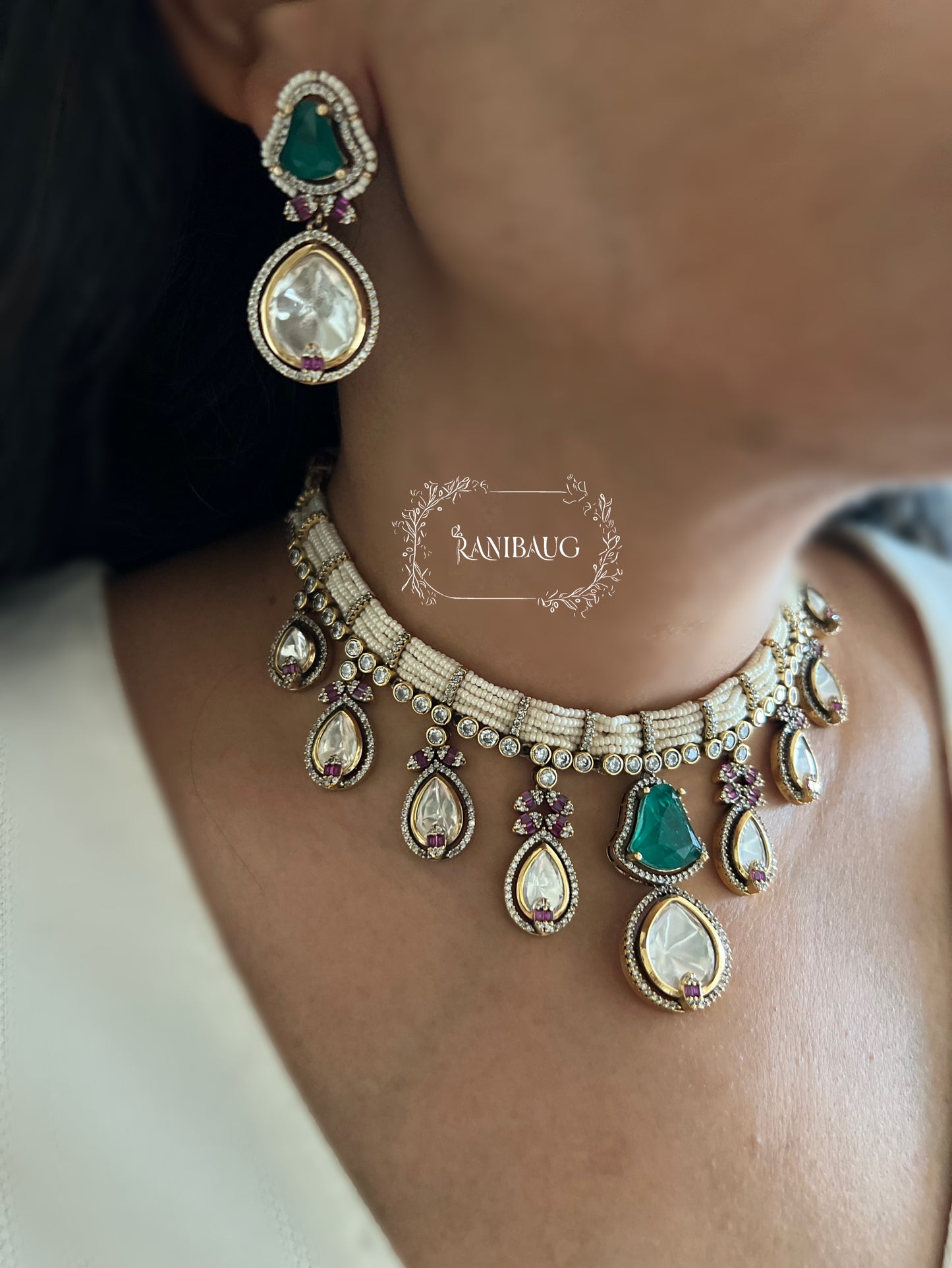 Kumud Mini Pearls Choker Silhouette Teardrop Polki Motifs Necklace Set By Ranibaug