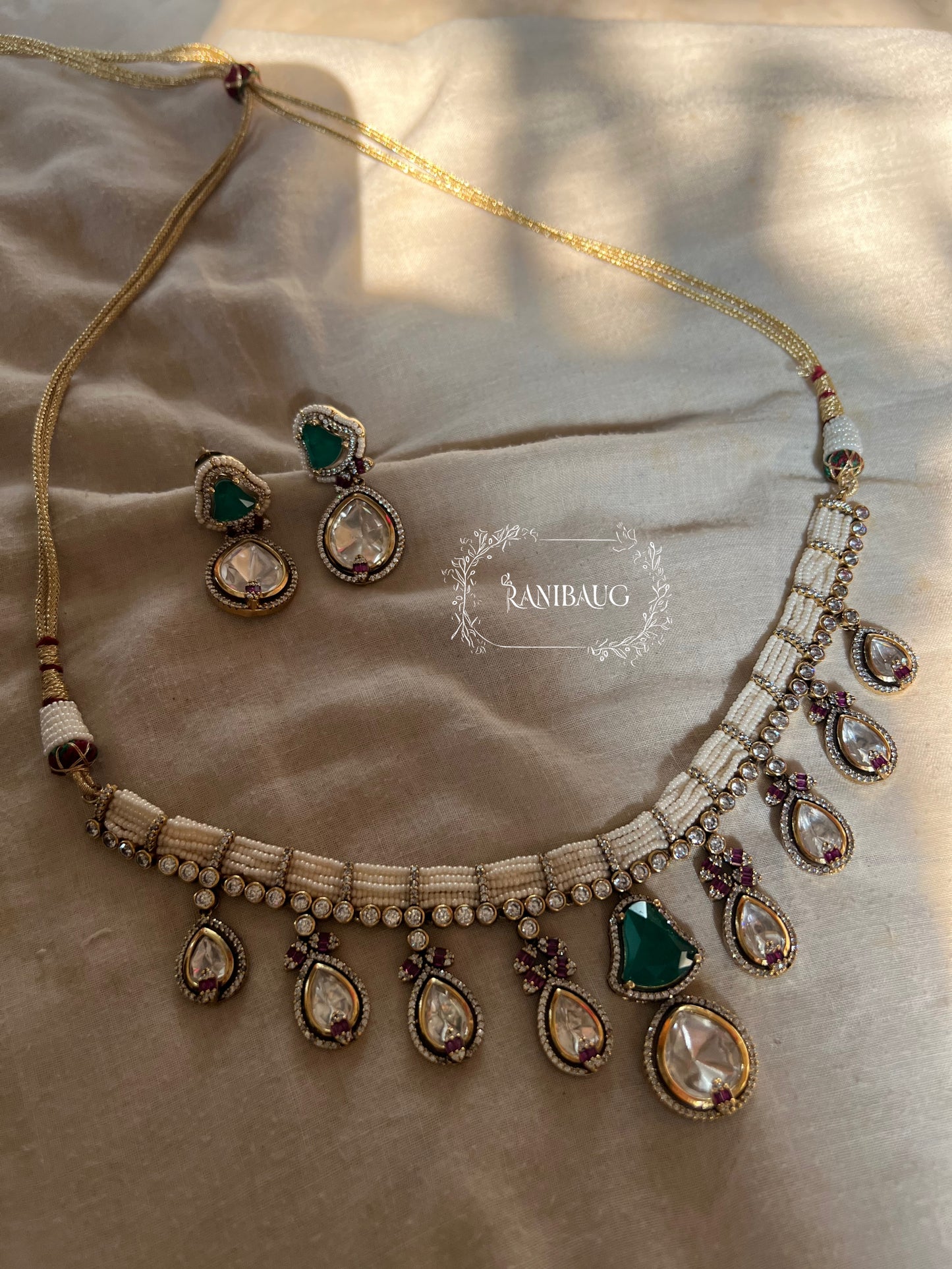 Kumud Mini Pearls Choker Silhouette Teardrop Polki Motifs Necklace Set By Ranibaug
