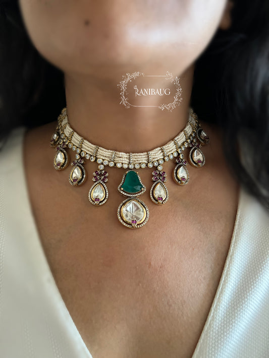 Kumud Mini Pearls Choker Silhouette Teardrop Polki Motifs Necklace Set By Ranibaug