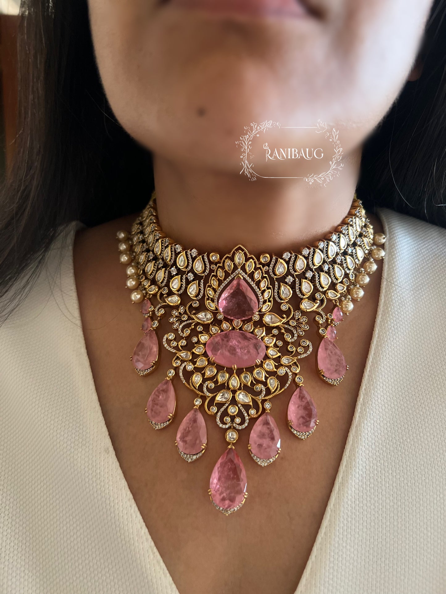 Kusum Gulabi Pink Polki Kundan Drop Heavy Necklace Jewellery Set In Rich Gold Finish By Ranibaug