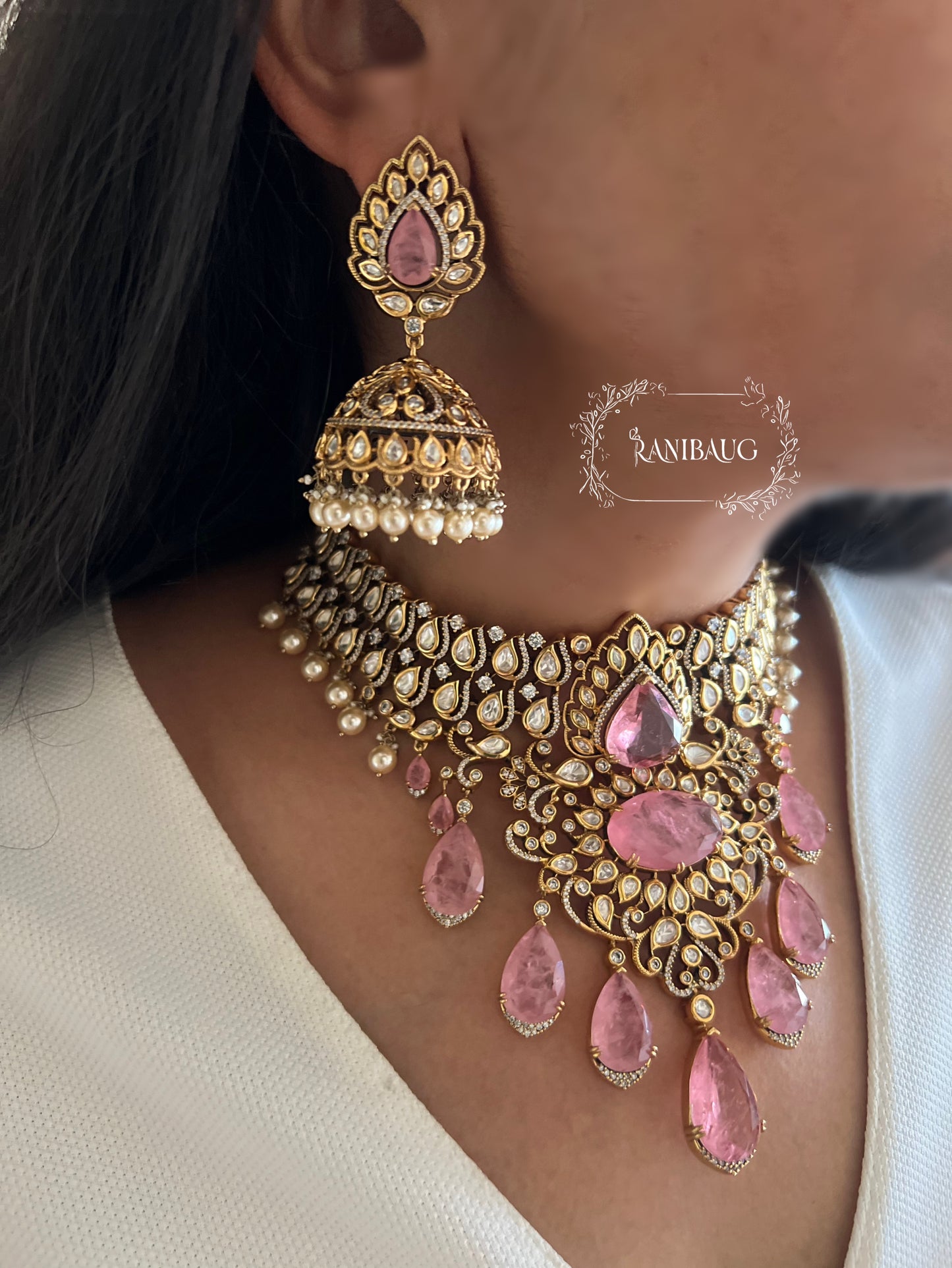 Kusum Gulabi Pink Polki Kundan Drop Heavy Necklace Jewellery Set In Rich Gold Finish By Ranibaug
