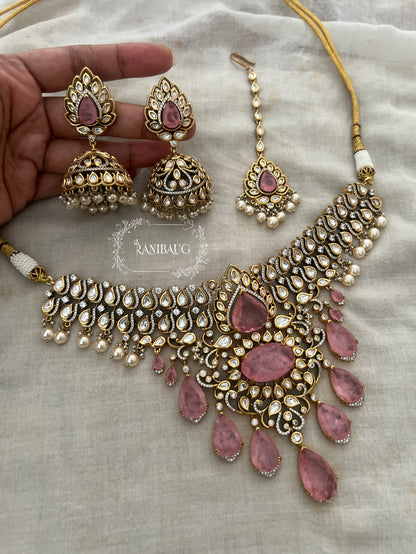 Kusum Gulabi Pink Polki Kundan Drop Heavy Necklace Jewellery Set In Rich Gold Finish By Ranibaug