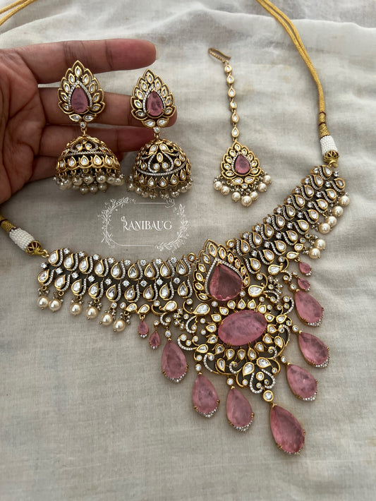 Kusum Gulabi Pink Polki Kundan Drop Heavy Necklace Jewellery Set In Rich Gold Finish By Ranibaug