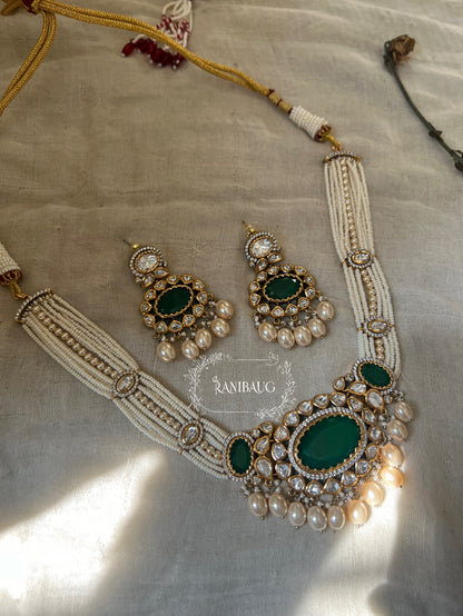 Labhi Gold Finish Polki Kundan And Pearl Necklace With Emerald Center Stone By Ranibaug
