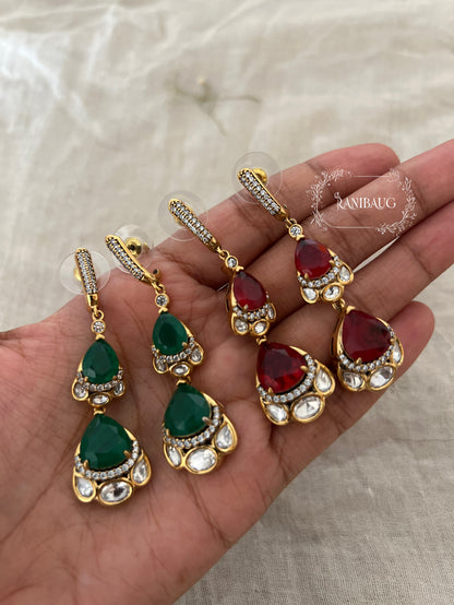 Laila Double Drop Polki Gemstone Studded Dangle Stud Earrings By Ranibaug