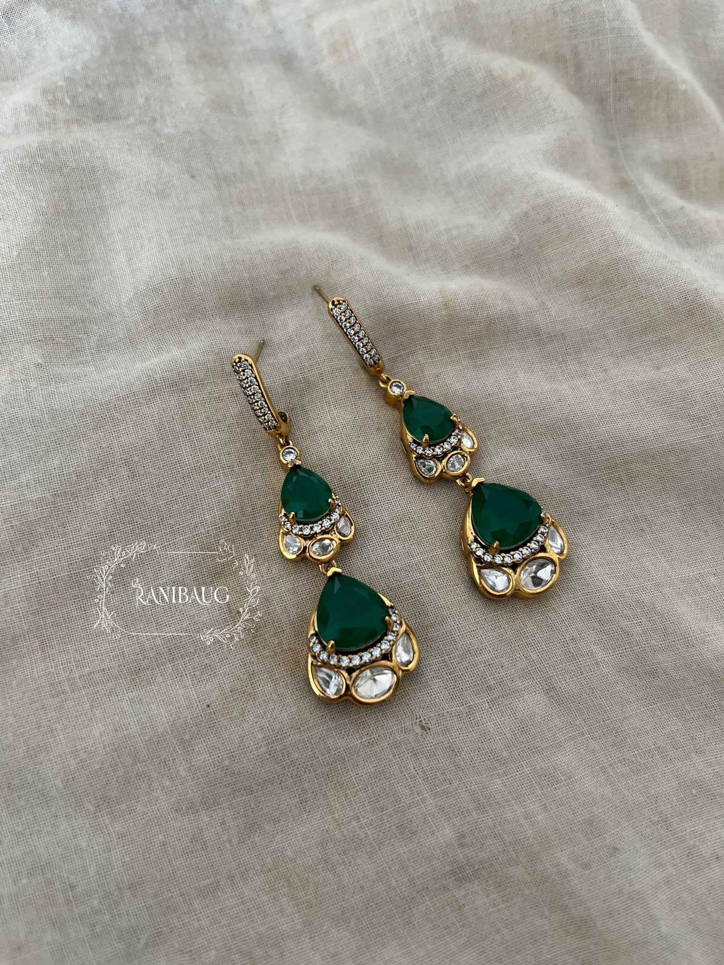 Laila Double Drop Polki Gemstone Studded Dangle Stud Earrings By Ranibaug