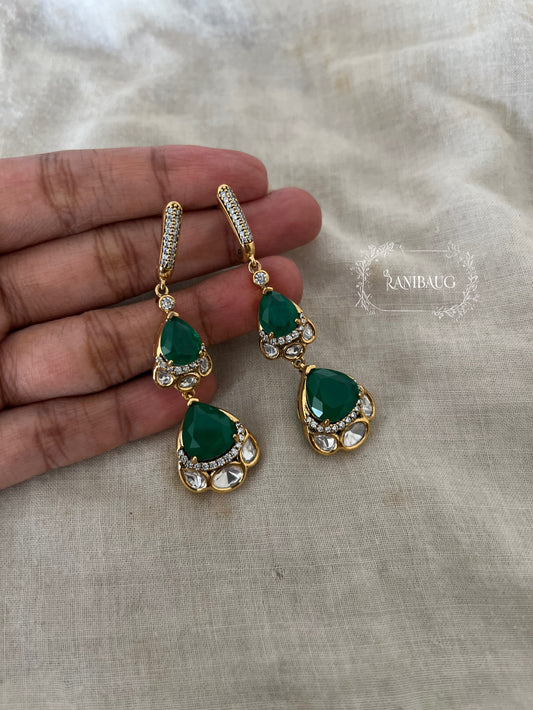 Laila Double Drop Polki Gemstone Studded Dangle Stud Earrings By Ranibaug
