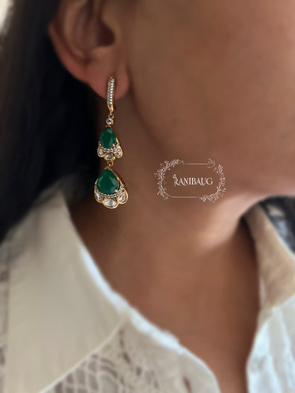 Laila Double Drop Polki Gemstone Studded Dangle Stud Earrings By Ranibaug