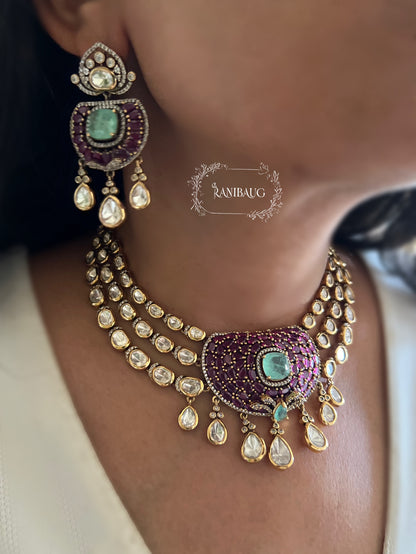 Lakshi Polki Kundan Gold Tone Mint Ruby Necklace Set By Ranibaug