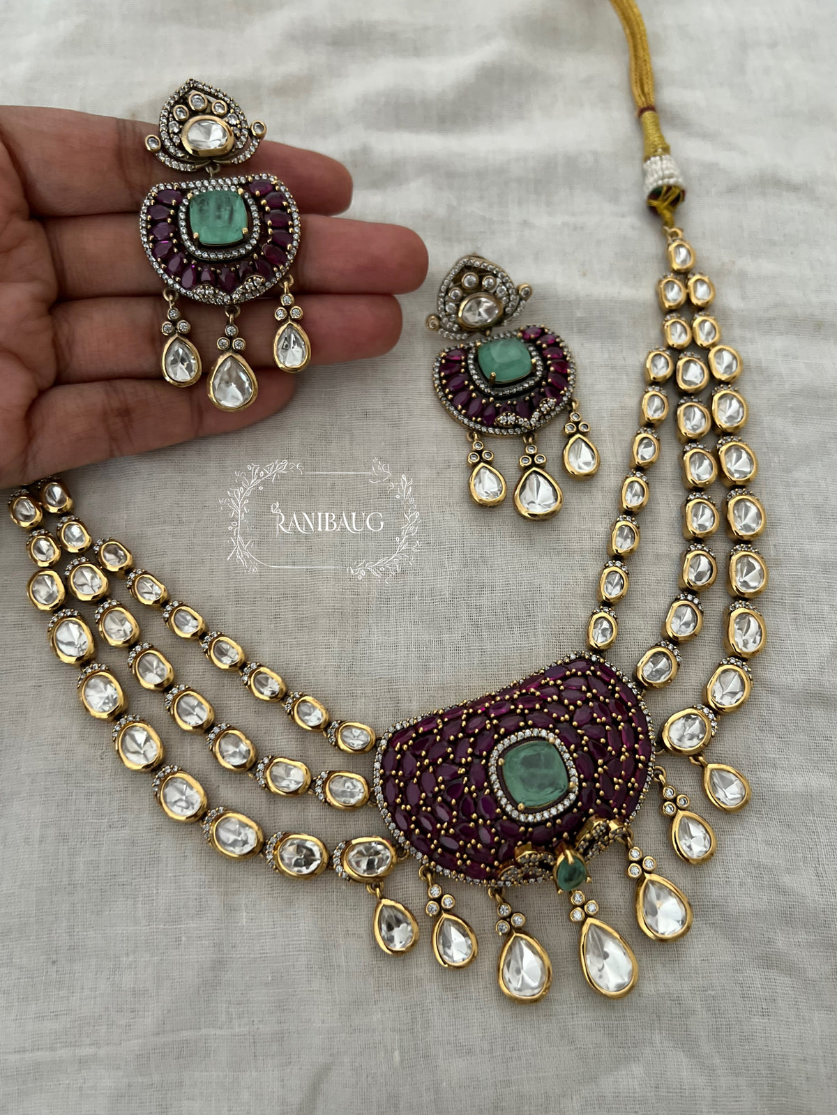 Lakshi Polki Kundan Gold Tone Mint Ruby Necklace Set By Ranibaug