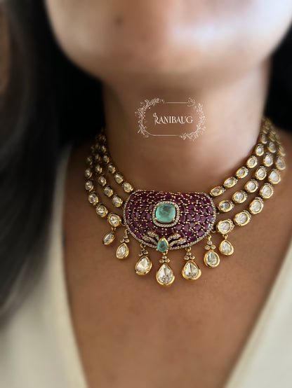 Lakshi Polki Kundan Gold Tone Mint Ruby Necklace Set By Ranibaug