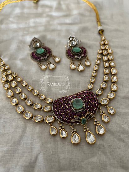 Lakshi Polki Kundan Gold Tone Mint Ruby Necklace Set By Ranibaug
