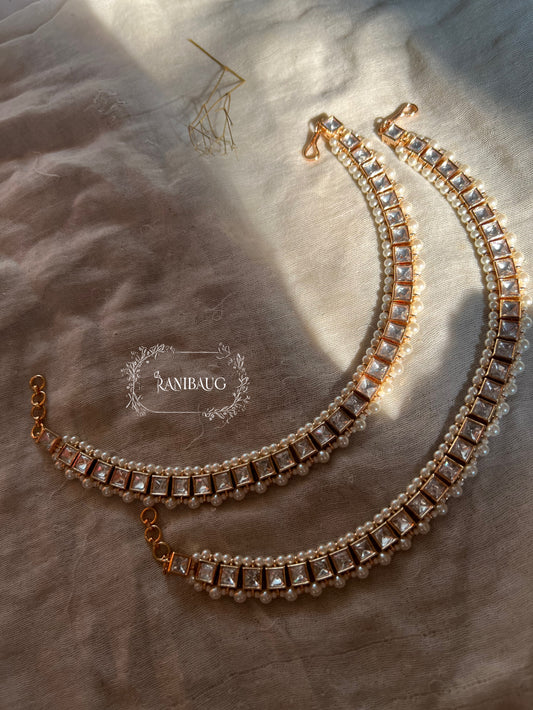 Lata Gold Plated Square Kundan Motif Tennis Style Ankle Bracelet Payal For Women By Ranibaug