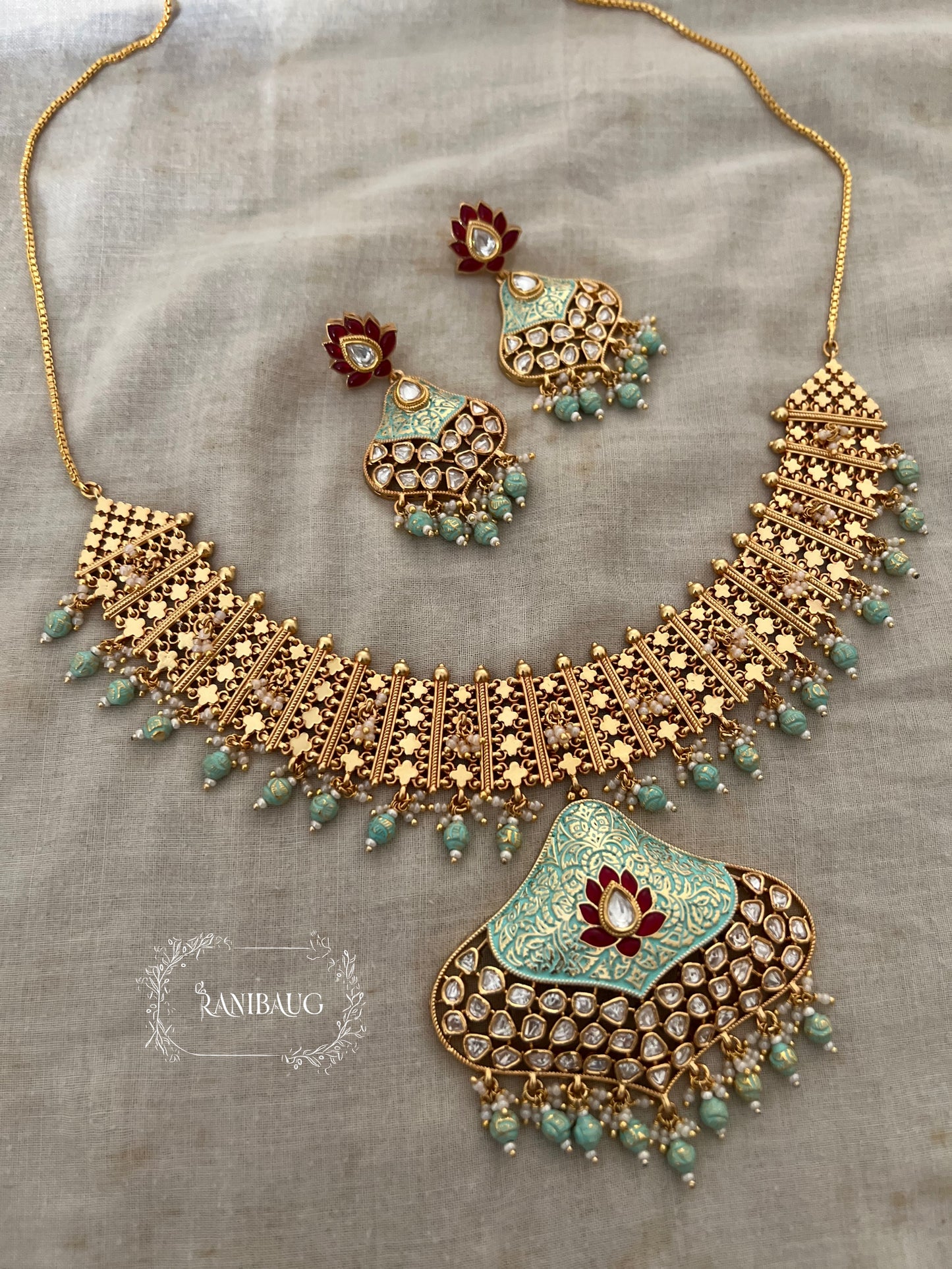 Latika Mint Blue Polki Studded Jaali Designer Gold Finish Heritage Necklace Jewellery Set By Ranibaug