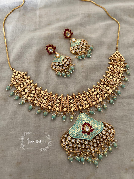 Latika Mint Blue Polki Studded Jaali Designer Gold Finish Heritage Necklace Jewellery Set By Ranibaug