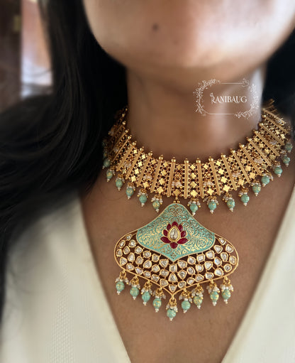 Latika Mint Blue Polki Studded Jaali Designer Gold Finish Heritage Necklace Jewellery Set By Ranibaug