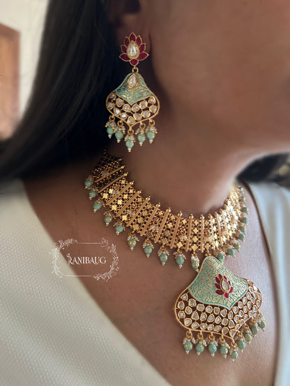 Latika Mint Blue Polki Studded Jaali Designer Gold Finish Heritage Necklace Jewellery Set By Ranibaug