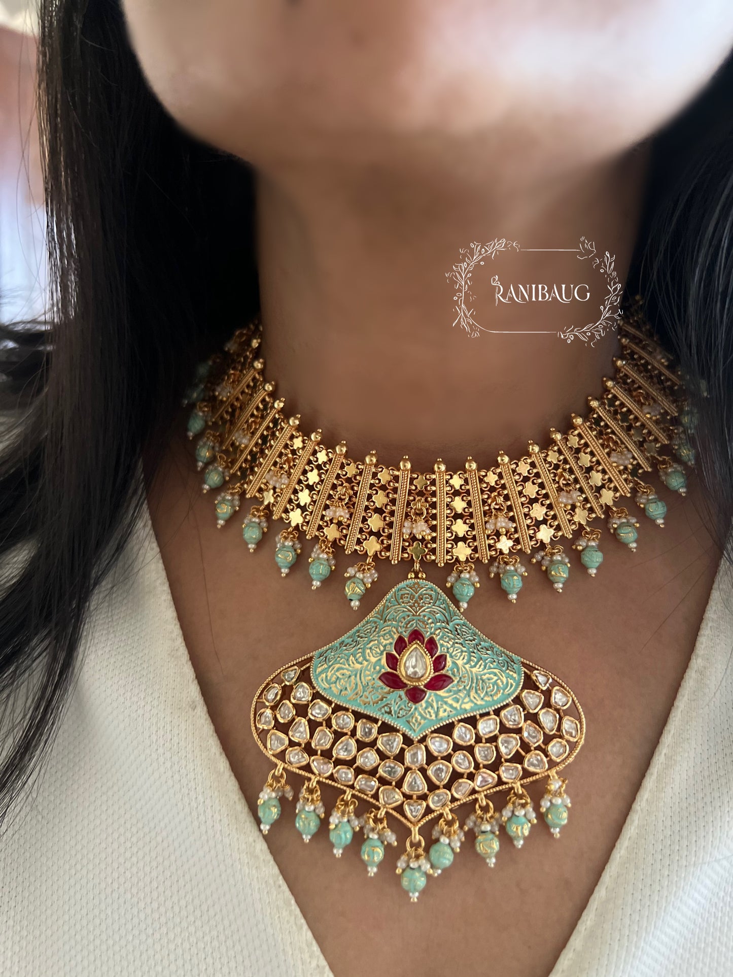 Latika Mint Blue Polki Studded Jaali Designer Gold Finish Heritage Necklace Jewellery Set By Ranibaug